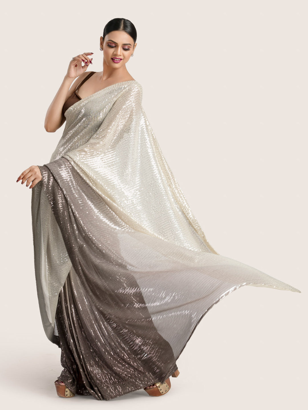 Shaded Stretchable Net Fabric With Sequins Work