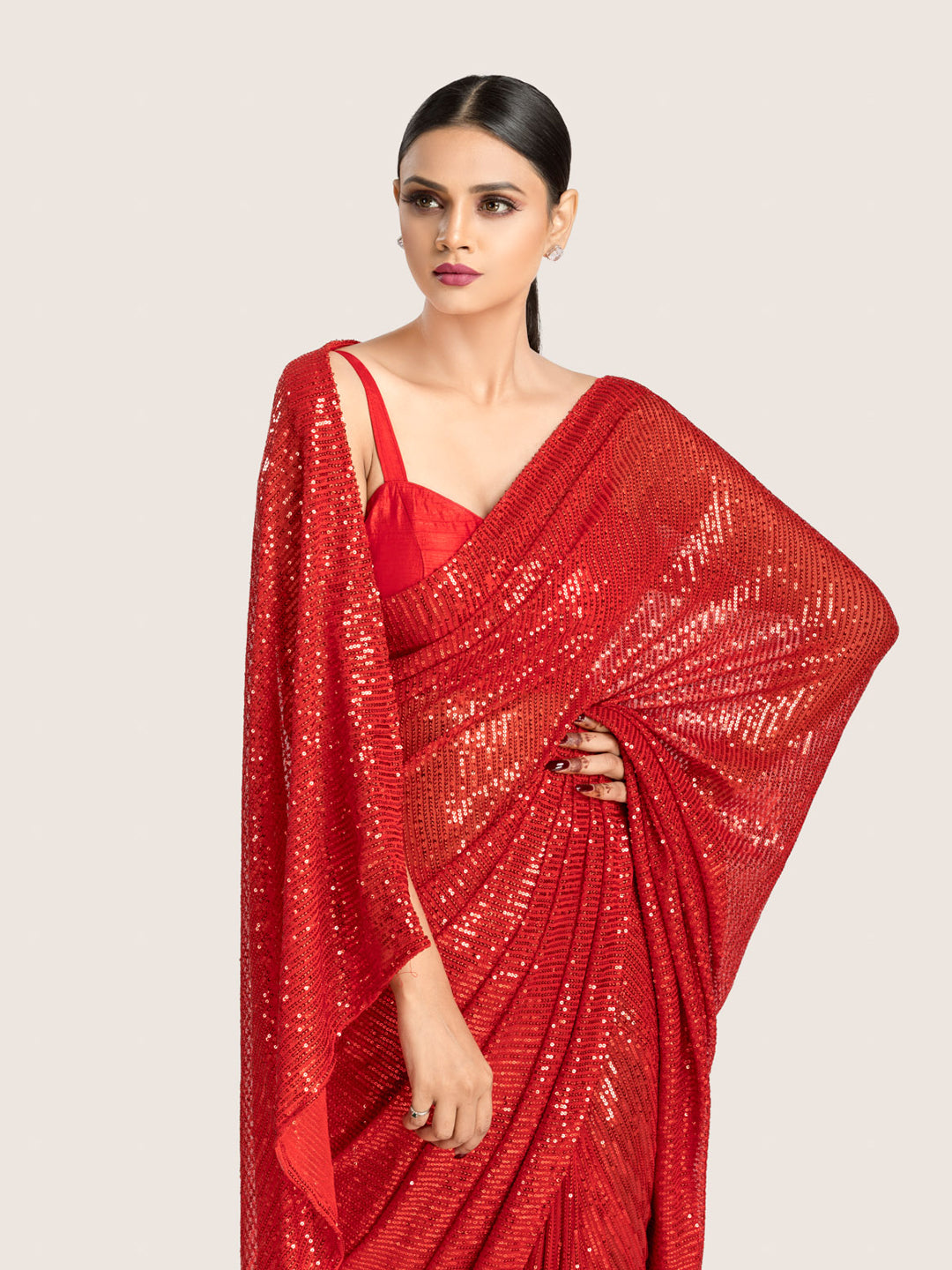 Red Stretchable Net Fabric With Sequin