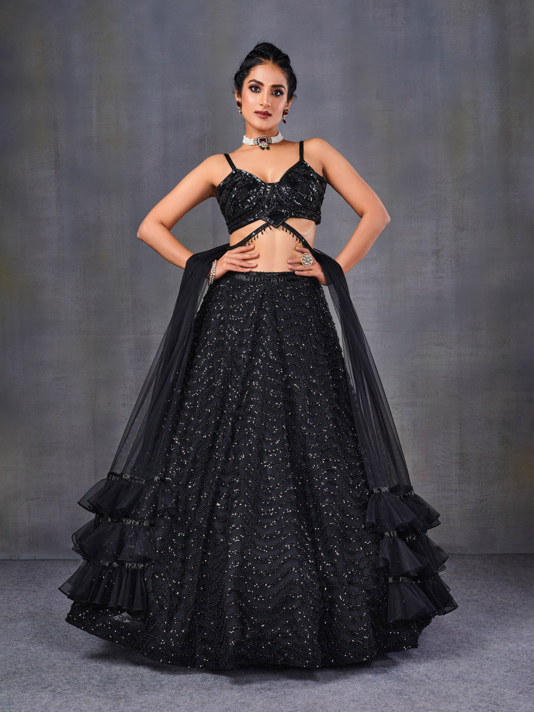 Black Net Lehenga With 3-Layered Ruffled Dupatta – Tirumala Designers