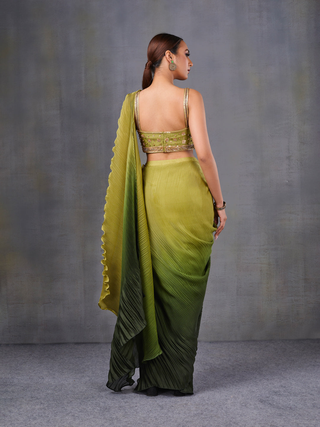 Green Ombre Pleated Ready-To-Wear Saree
