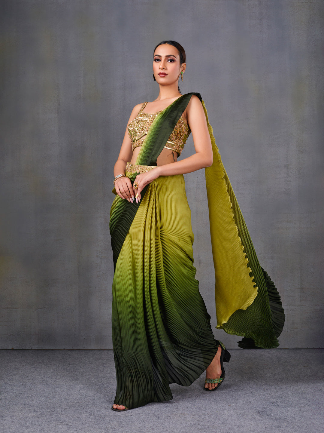 Green Ombre Pleated Ready-To-Wear Saree