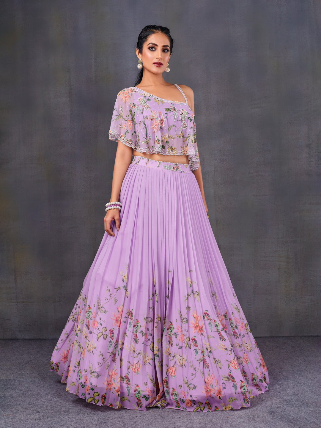 Pleated Lehenga With A One-Shoulder Blouse