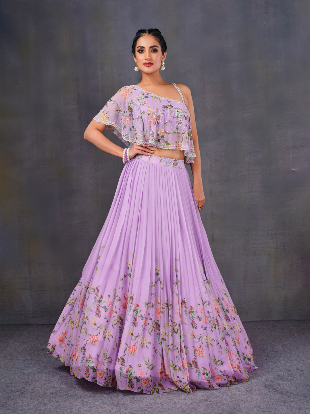 Pleated Lehenga With A One-Shoulder Blouse