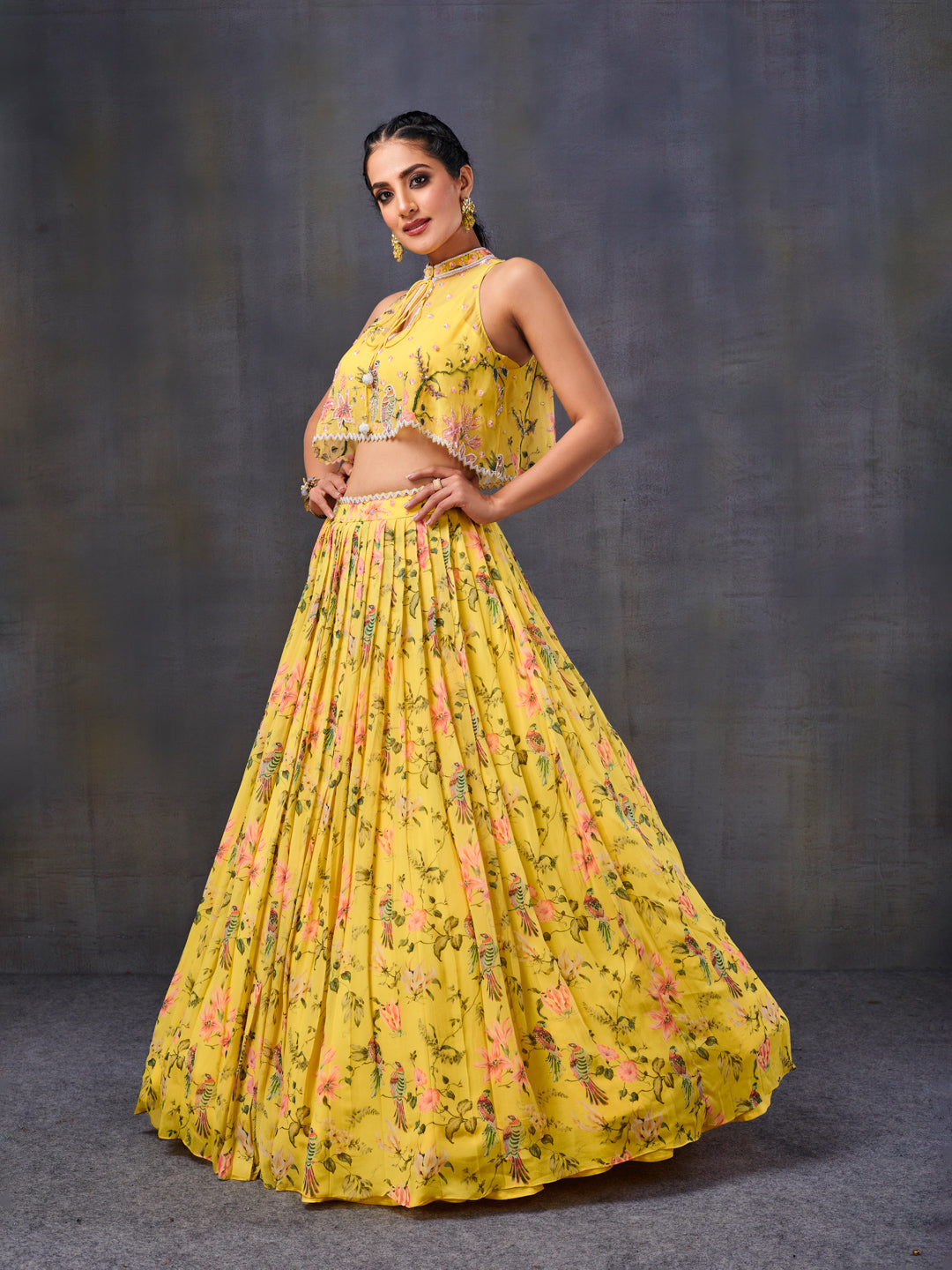 Buy Yellow Blouse Silk Printed Floral V Neck Striped Lehenga Set For Women  by Kalakaari By Sagarika Online at Aza Fashions.