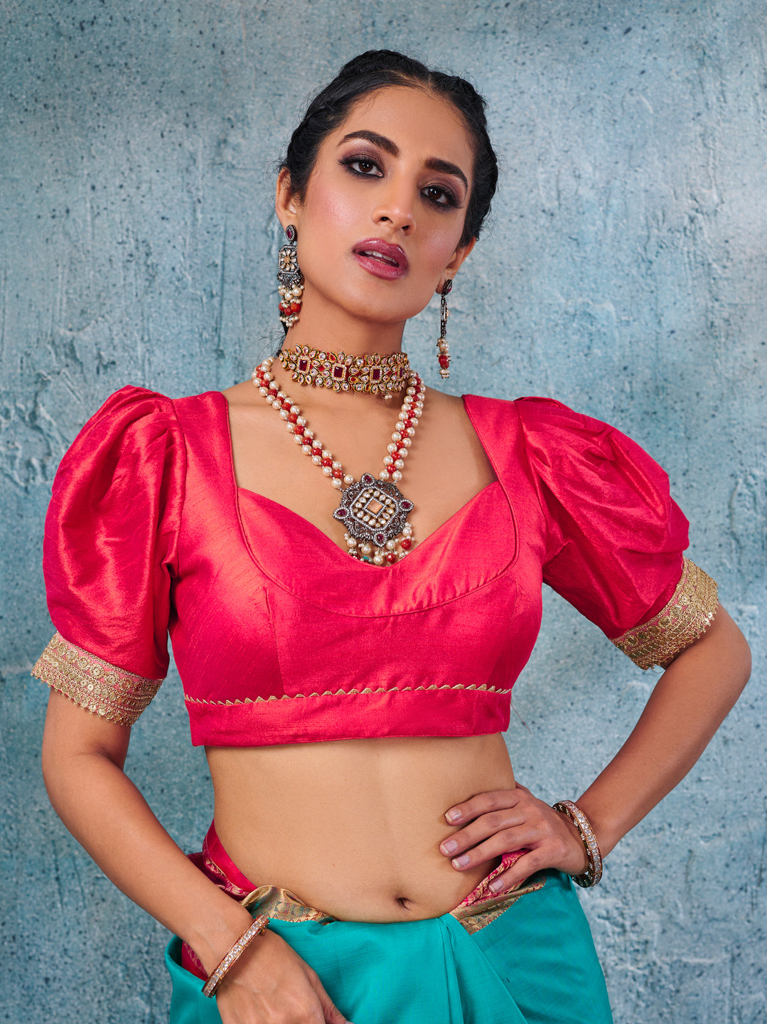 Coral Pink Silk Blouse With Elbow Puff Sleeve – Tirumala Designers