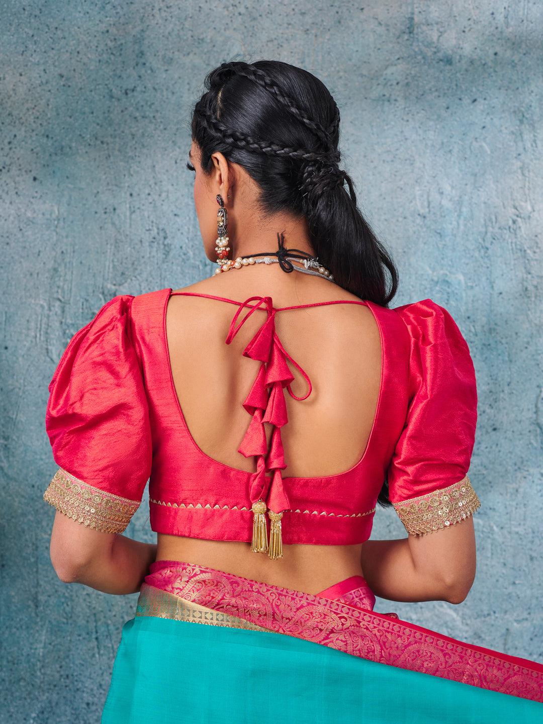 Coral Pink Silk Blouse With Elbow Puff Sleeve – Tirumala Designers