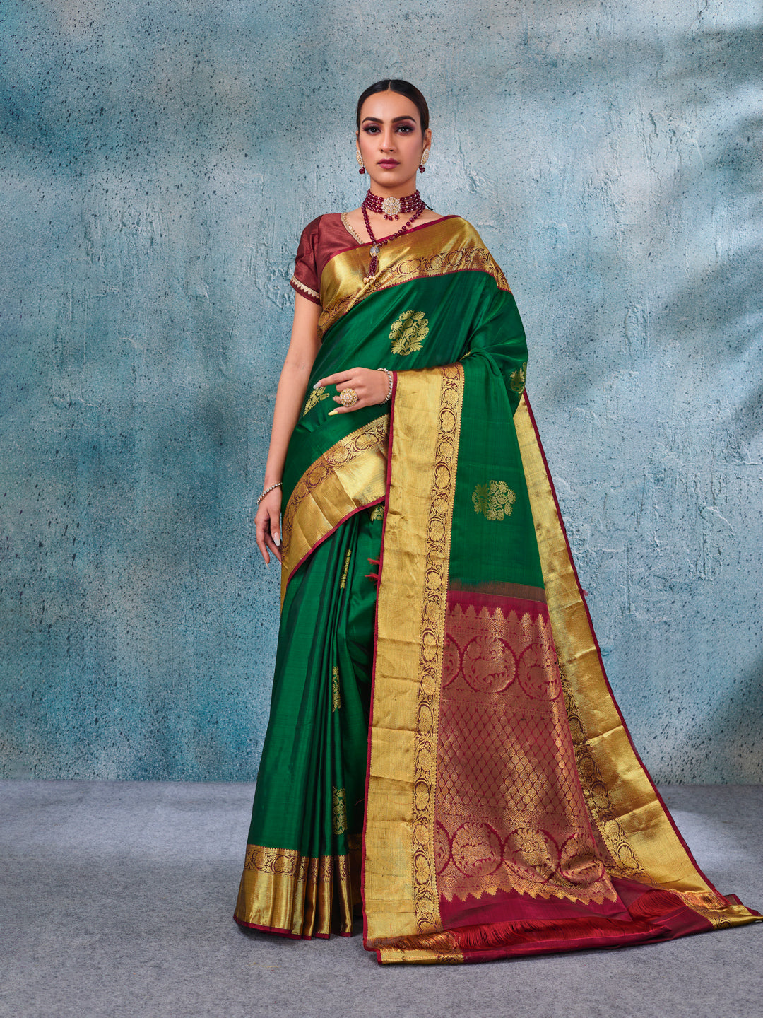 Dark green chanderi silk saree with zari checks all over – Roots Handloom