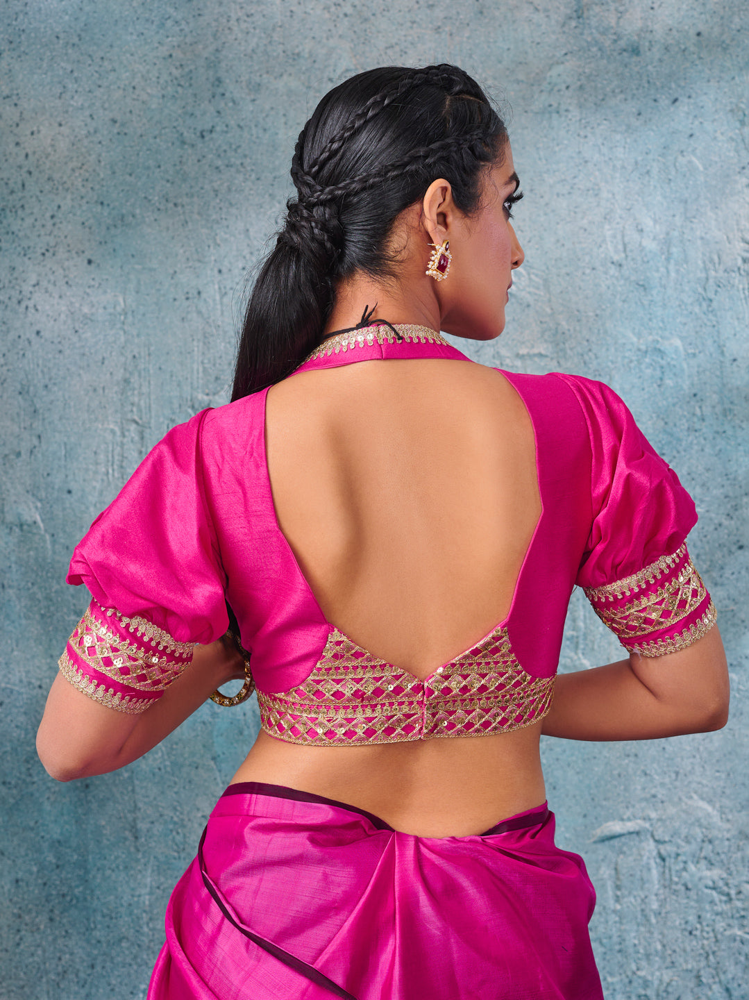 Hot Pink Silk Blouse With Puff Sleeves – Tirumala Designers