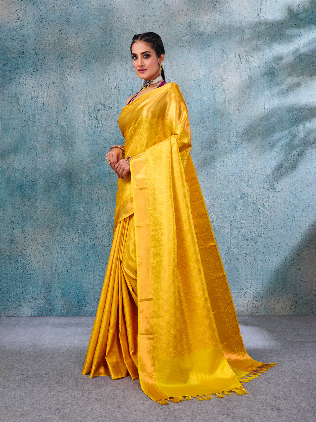 Golden Yellow Dola Silk Saree With Green Shade Blouse | Kolour