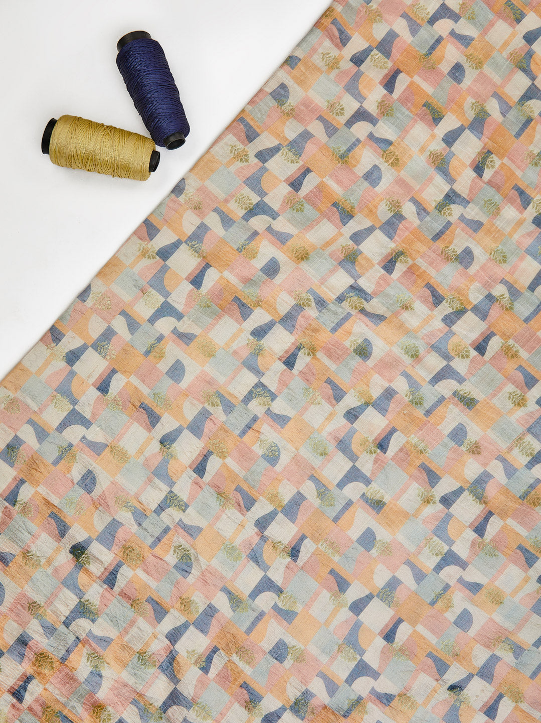 Geometrical Printed Pure Raw Silk Fabric In Shades Of Pastel Pink, Peach & Blue