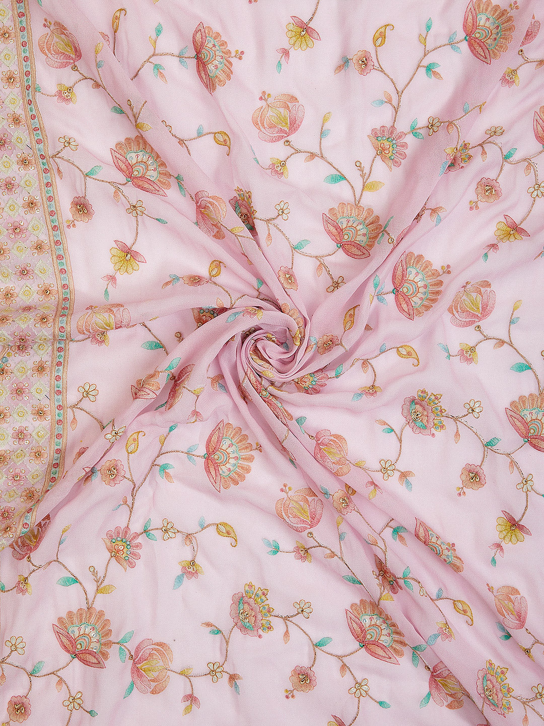 Pink Georgette Fabric With Multicolour Floral Digital Print