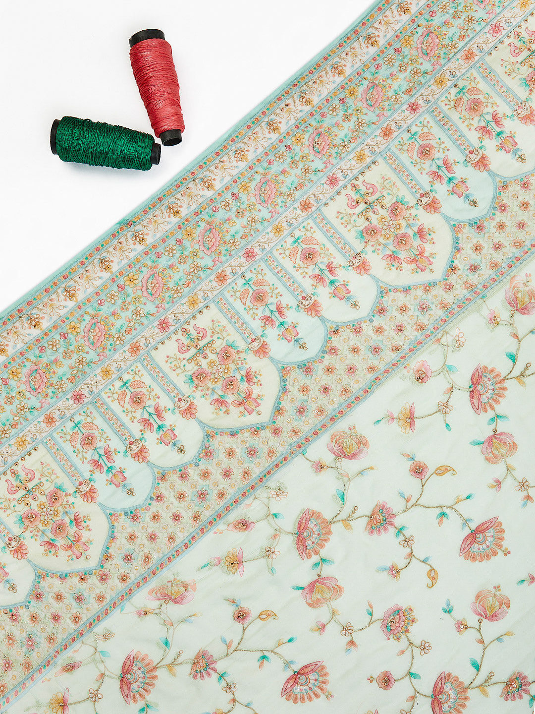 Pastel Green Georgette Fabric With Multicolour Floral Position Print