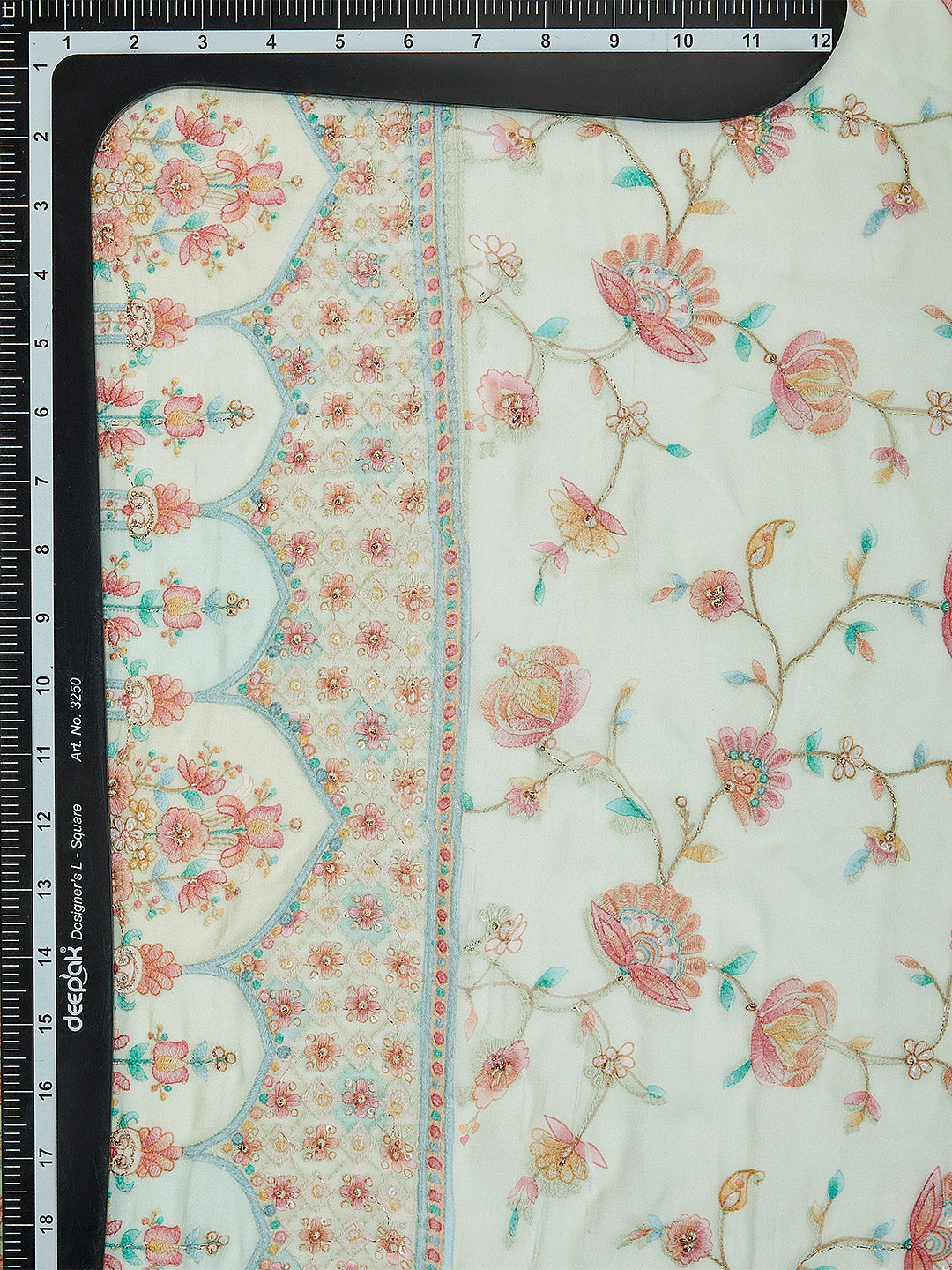 Pastel Green Georgette Fabric With Multicolour Floral Position Print
